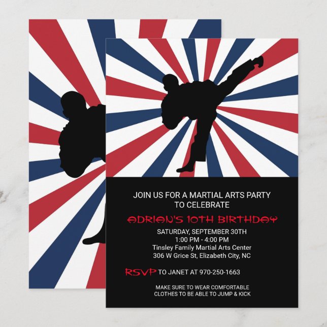 Invitaciones de cumpleaños de artes marciales (Anverso / Reverso)