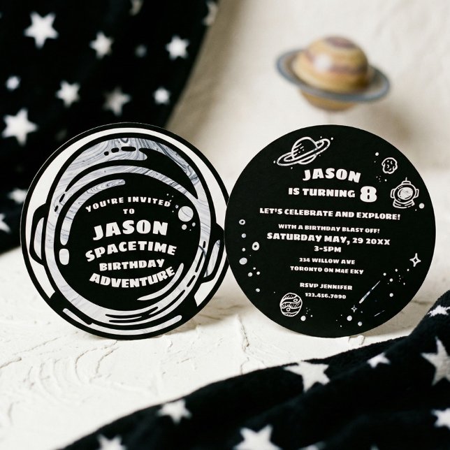 Invitaciones de cumpleaños de astronauta del espac (Black White Space Astronaut Birthday Invitations)