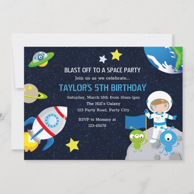 Invitaciones de cumpleaños de astronautas (chicos) (Anverso)