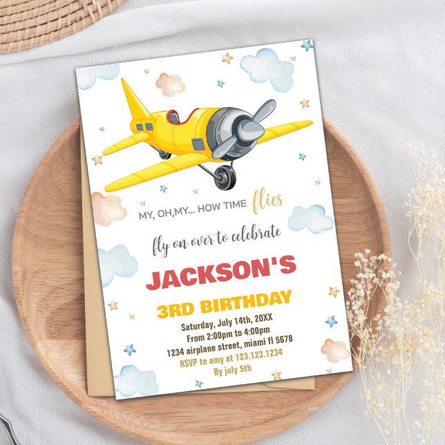 Invitaciones de cumpleaños de avión amarillo (Yellow Airplane Birthday Invitations)