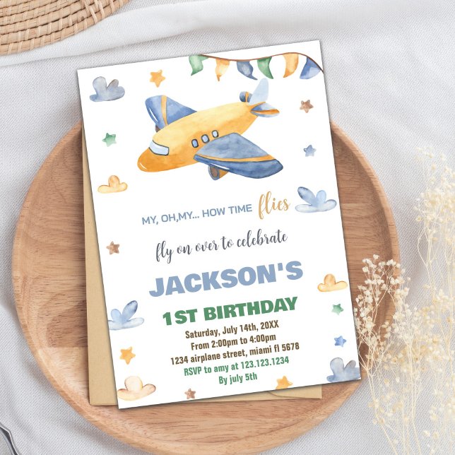 Invitaciones de cumpleaños de avión amarillo grisá (Yellow Gray Airplane Birthday Invitations)