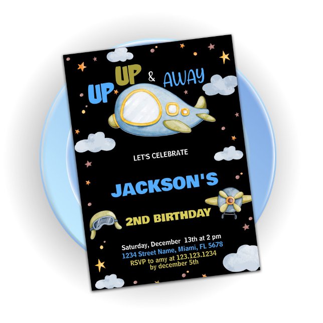 Invitaciones de cumpleaños de avión azul negro (Airplane Birthday Invitations Blue Black)