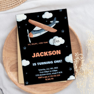 Invitaciones de cumpleaños de avión Naranja gris n