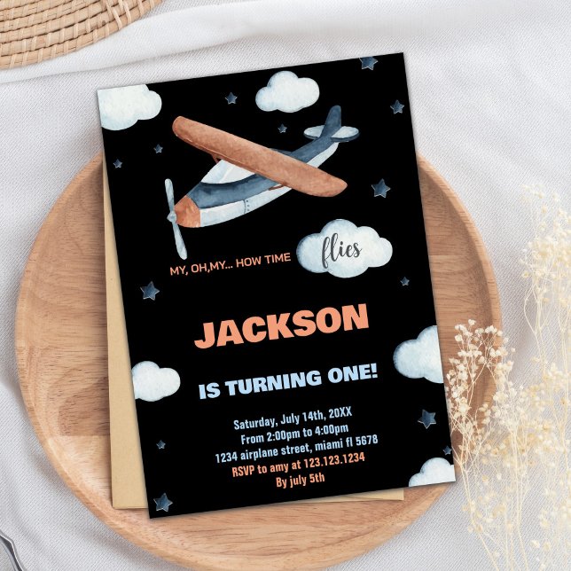 Invitaciones de cumpleaños de avión Naranja gris n (Airplane Birthday Invitations Gray Orange Black)