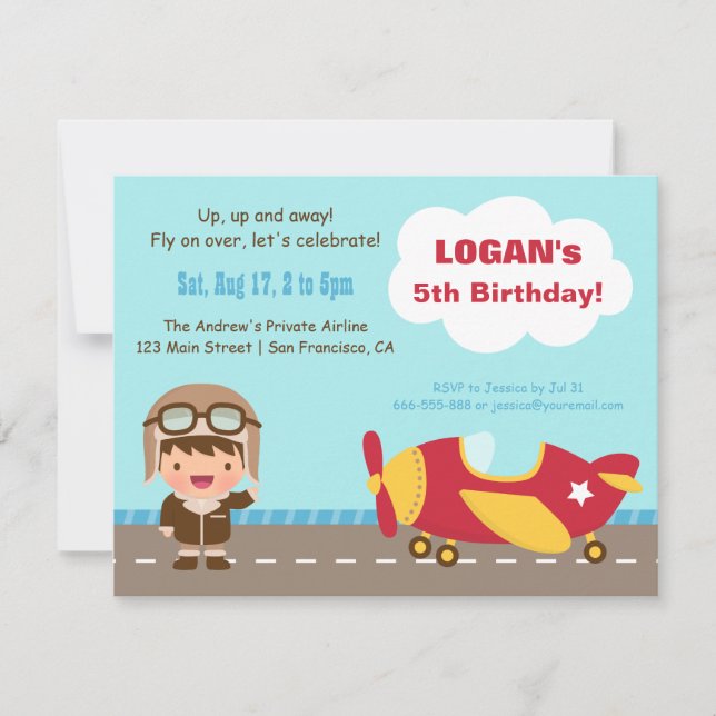 Invitaciones de cumpleaños de avión para niño avia (Anverso)