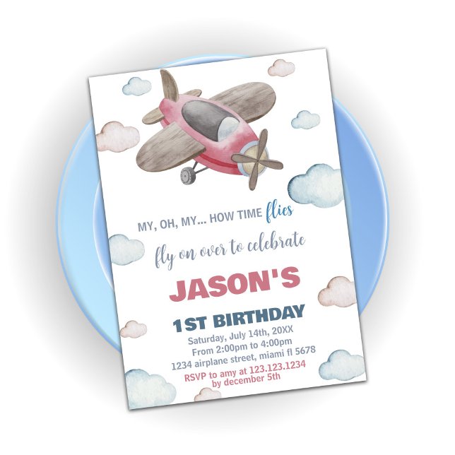 Invitaciones de cumpleaños de avión rojo marrón (Airplane Birthday Invitations Brown Red)