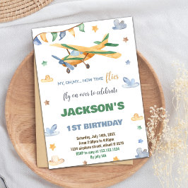 Invitaciones de cumpleaños de avión verde amarillo