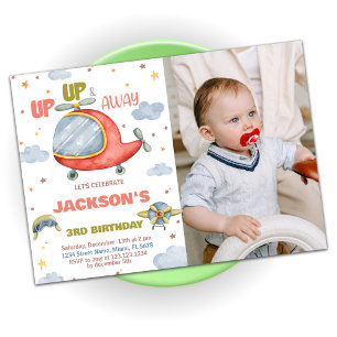 Invitaciones de cumpleaños de avión verdes con fot