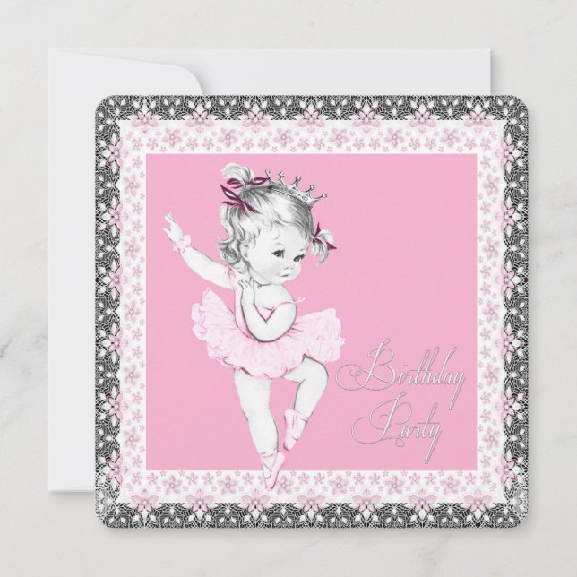 Invitaciones de cumpleaños de bailarina en rosa y  (Anverso)