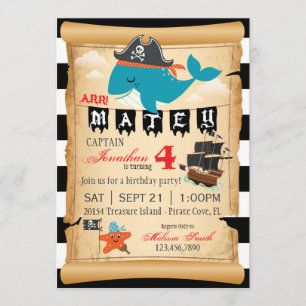 Invitaciones de cumpleaños de ballenas piratas y p