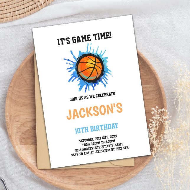 Invitaciones de cumpleaños de Baloncesto de Arte A (Basketball Blue Art Birthday Invitations)