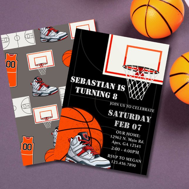 Invitaciones de cumpleaños de Baloncesto Naranja N (Basketball Birthday Invitation, )
