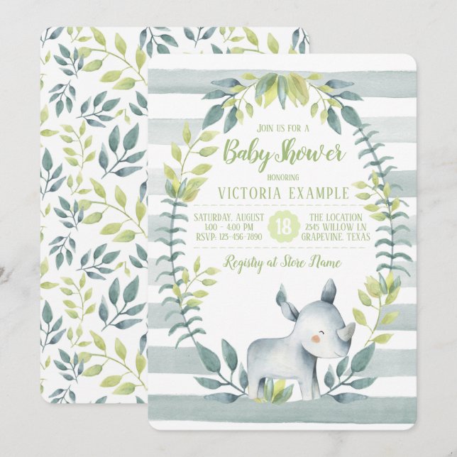 Invitaciones de Cumpleaños de Bebé Rinoceronte Ado (Anverso / Reverso)