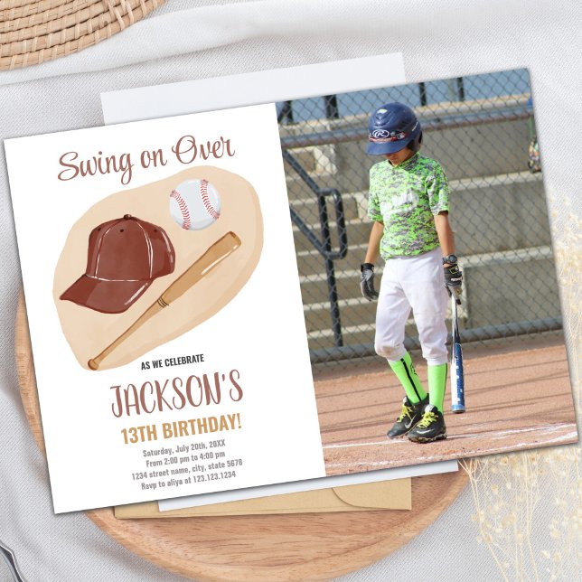 Invitaciones de cumpleaños de beisbol marrón con f (Brown Baseball Birthday Invitations with photo)