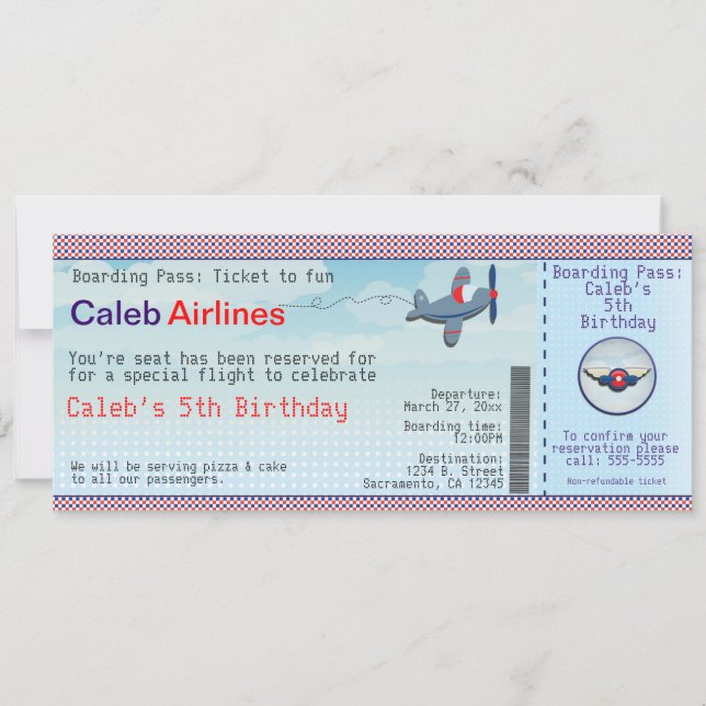 Invitaciones de cumpleaños de billete de aerolínea (Anverso)