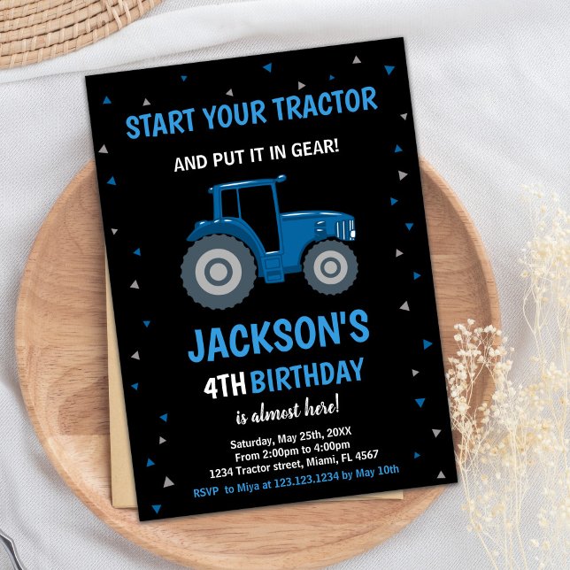 Invitaciones de cumpleaños de Black Blue Tractor (Black Blue Tractor Birthday Invitations)