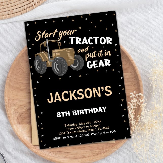 Invitaciones de cumpleaños de Black Brown Tractor (Black Brown Tractor Birthday Invitations)