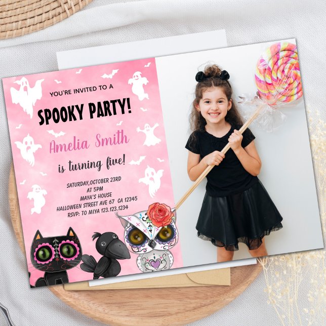 Invitaciones de cumpleaños de Black Cat Halloween  (Black Cat Halloween Birthday Invitations w photo)