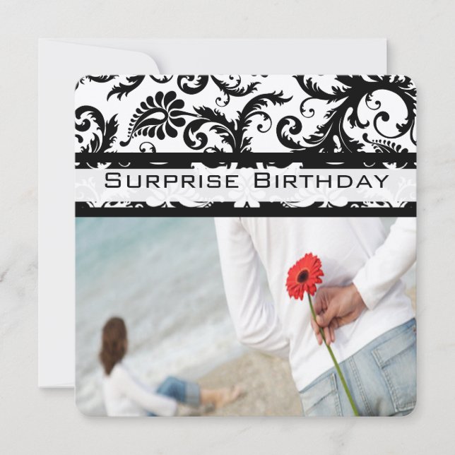 Invitaciones de cumpleaños de Black Damask Swirls (Anverso)