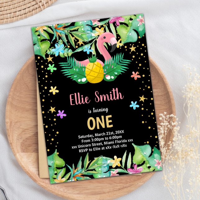 Invitaciones de cumpleaños de Black Pineapple Flam (Black Pineapple Flamingo Birthday Invitations)