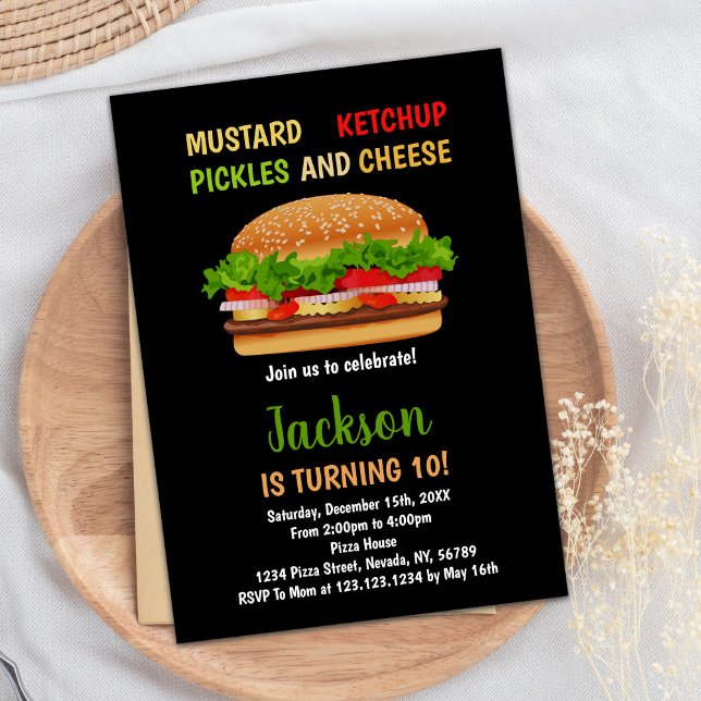 Invitaciones de cumpleaños de Black Red Green Burg (Black Red Green Burger Birthday Invitations)