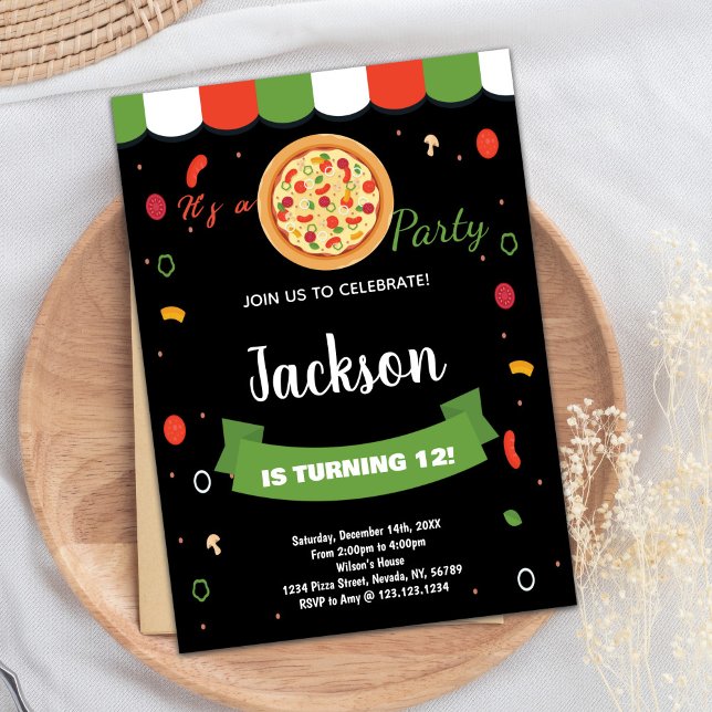 Invitaciones de cumpleaños de Black Red Pizza (Black Red Pizza Birthday Invitations)