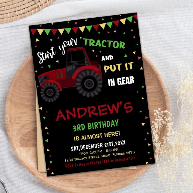 Invitaciones de cumpleaños de Black Red Tractor (Black Red Tractor Birthday Invitations)