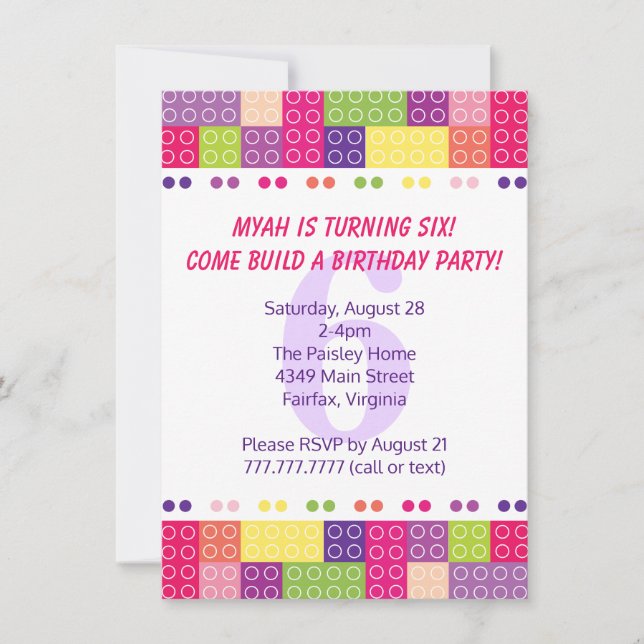 Invitaciones de cumpleaños de bloques de construcc (Anverso)