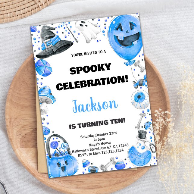 Invitaciones de cumpleaños de Blue Ballon Hallowee (Blue Ballon Halloween Birthday Invitations)