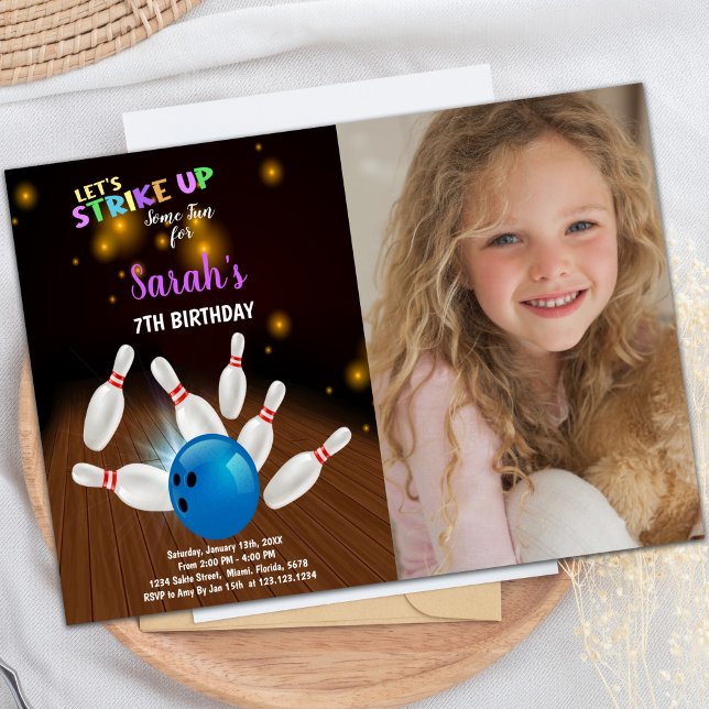 Invitaciones de cumpleaños de Blue Bowling con fot (Blue Bowling Birthday Invitations with photo)