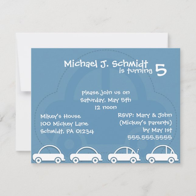 Invitaciones de cumpleaños de Blue Cars Card Boy (Anverso)