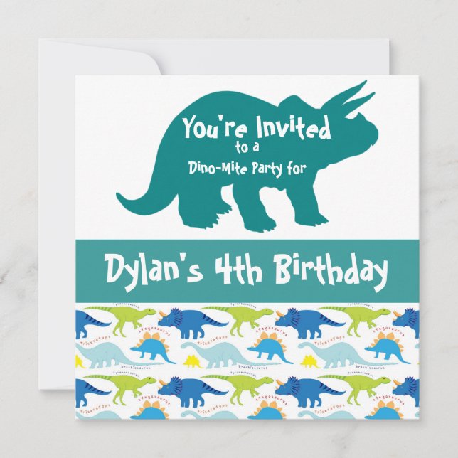 Invitaciones de cumpleaños de Blue Dinosaur Tricer (Anverso)