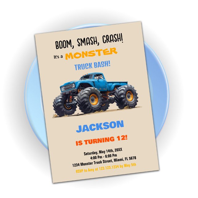 Invitaciones de cumpleaños de Blue Monster Truck (Blue Monster Truck Birthday Invitations)