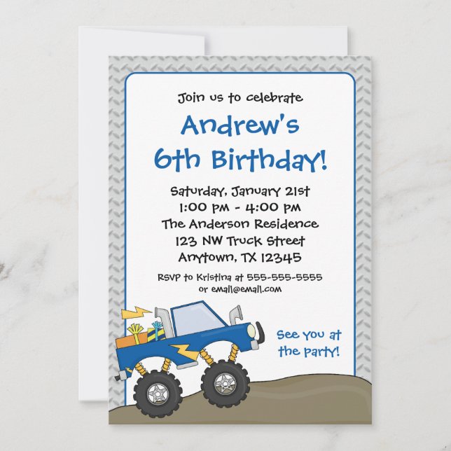 Invitaciones de cumpleaños de Blue Monster Truck (Anverso)