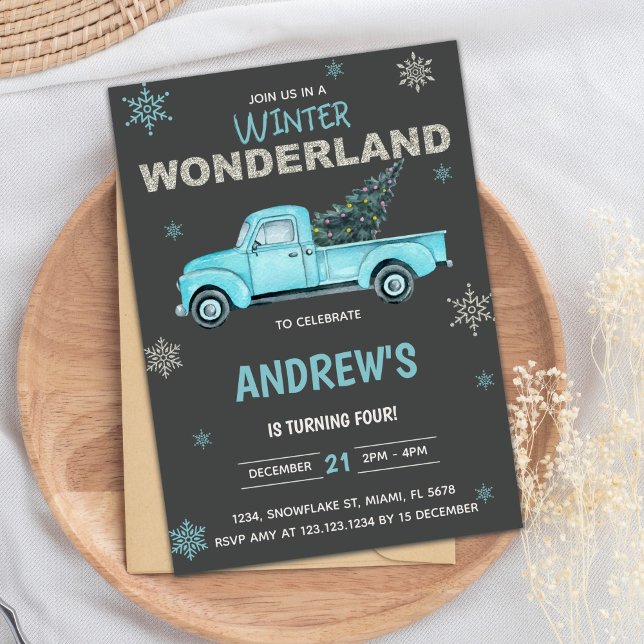 Invitaciones de cumpleaños de Blue truck Winter Wo (Blue truck Winter Wonderland Birthday Invitations)