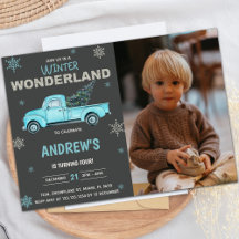 Invitaciones de cumpleaños de Blue truck Winter Wo