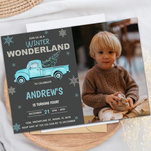 Invitaciones de cumpleaños de Blue truck Winter Wo (Blue truck Winter Wonderland Birthday Invitations)