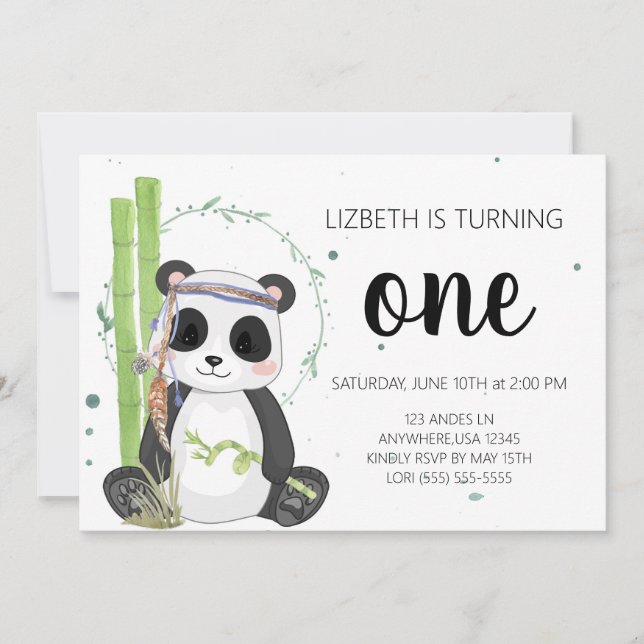 Invitaciones de cumpleaños de Boho Panda - Chica (Anverso)