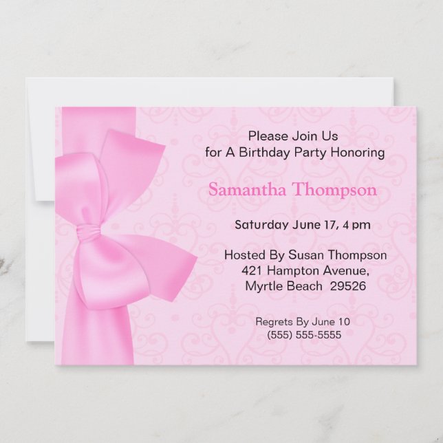 Invitaciones de cumpleaños de Bow rosado (Anverso)