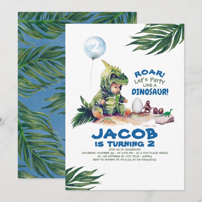 Invitaciones de cumpleaños de Boy Dinosaur (Anverso / Reverso)