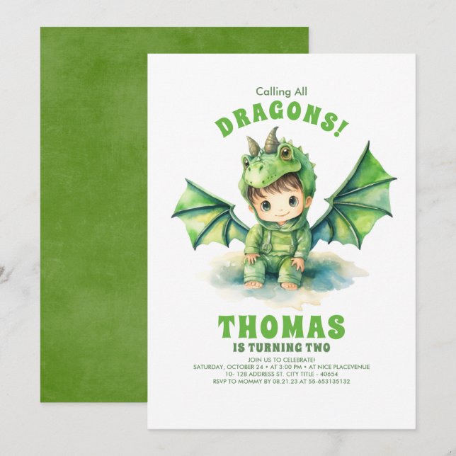 Invitaciones de cumpleaños de Boy Dragon (Anverso / Reverso)