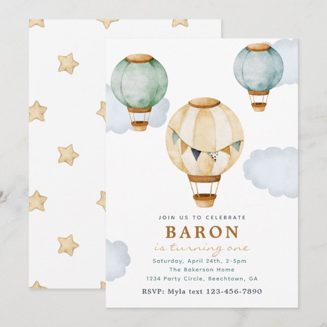 Invitaciones de cumpleaños de Boy Hot Air Balloon (Anverso / Reverso)