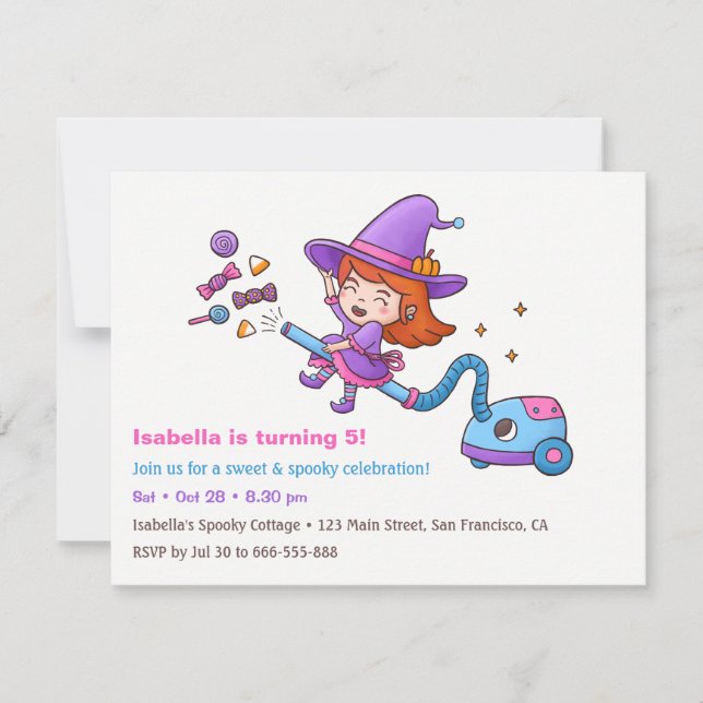Invitaciones de Cumpleaños de Bruja Linda y Carame (Anverso)