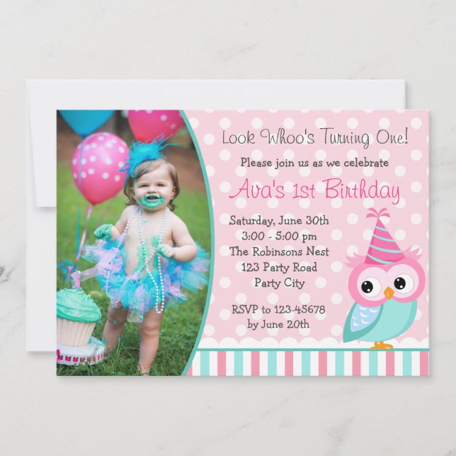 Invitaciones de cumpleaños de búho con foto turque (Anverso)