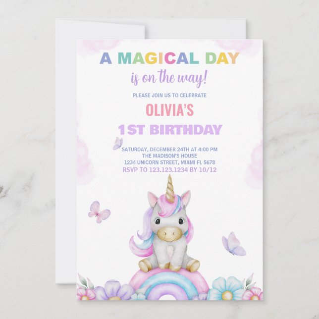Invitaciones de cumpleaños de Butterfly Unicorns (Anverso)