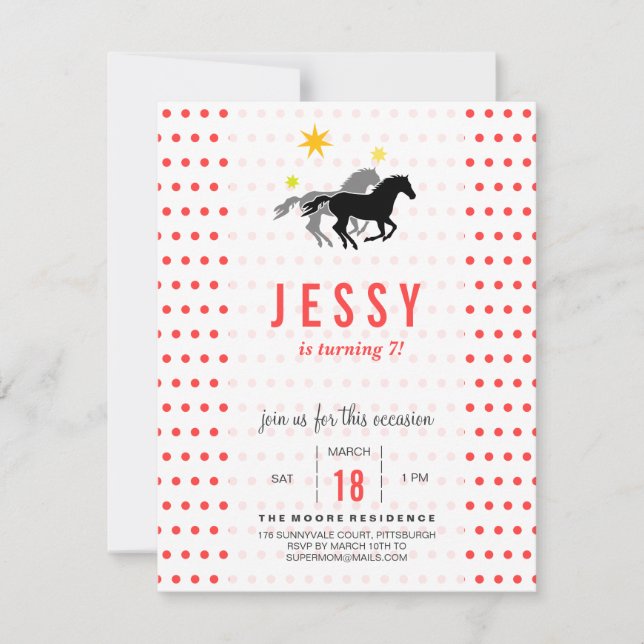 Invitaciones de cumpleaños de caballo Coral Rojo (Anverso)