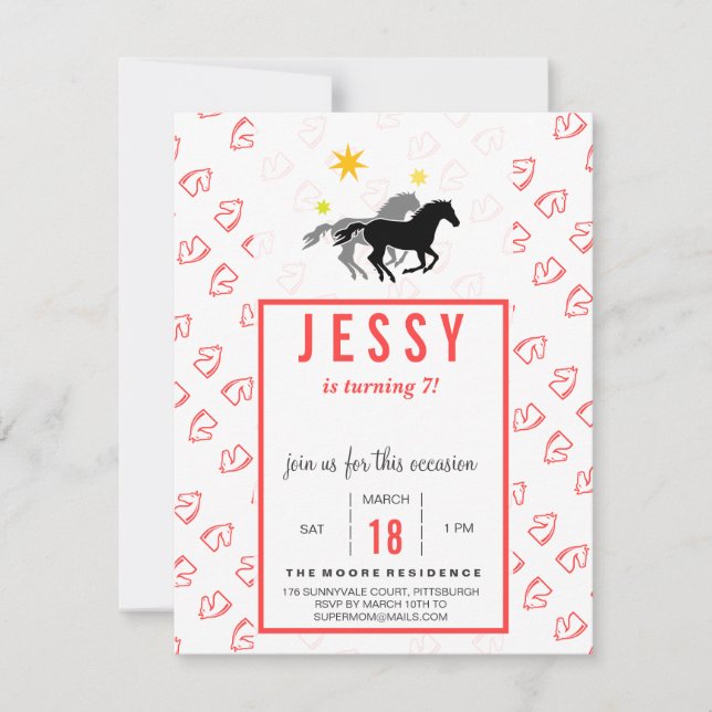 Invitaciones de cumpleaños de caballo Coral Rojo (Anverso)