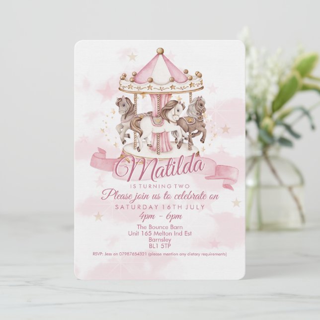 🎠✨ Invitaciones de cumpleaños de caballo de carru (Anverso de pie)