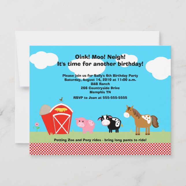 Invitaciones de cumpleaños de caballos, vacas y ce (Anverso)