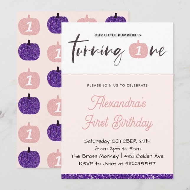 Invitaciones de cumpleaños de calabaza niña rosa m (Anverso / Reverso)